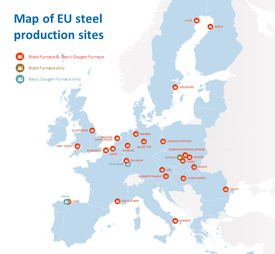 Carte des sites de production d'acier en Europe (crédits Eurofer)