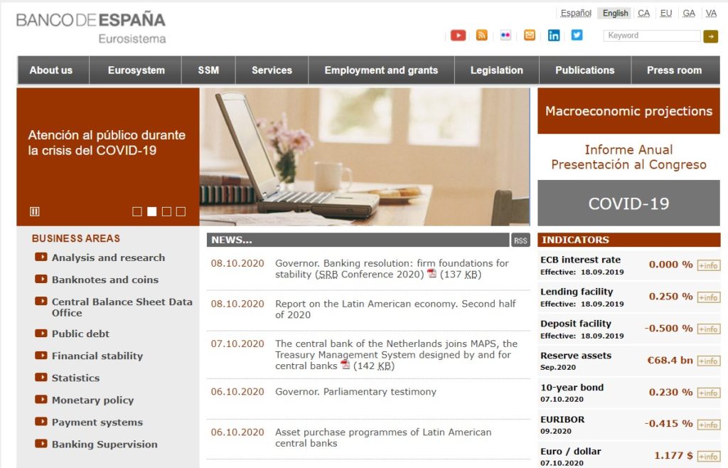 Banco de Espana homepage and analyses