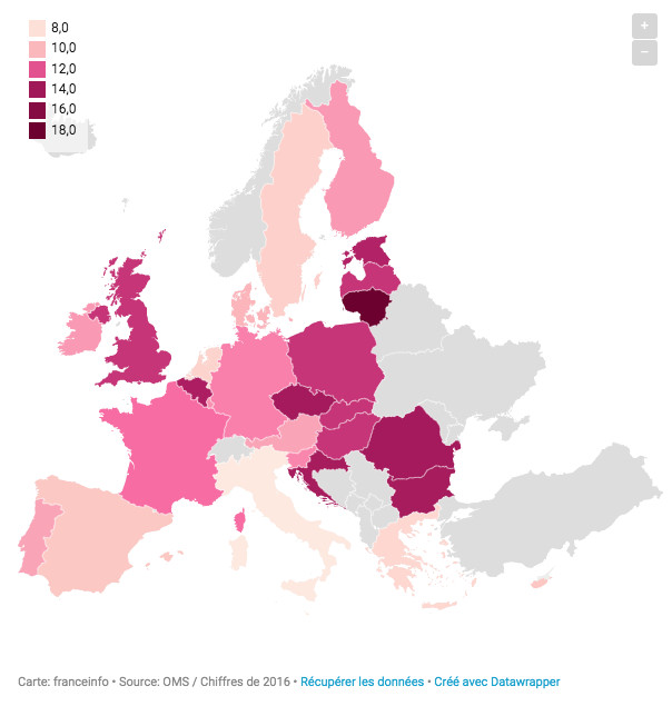 carte de la consommation moyenne d'alcool en Europe en 2016
