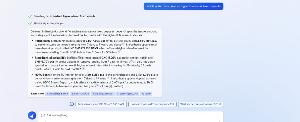 comparison generated by Bing of interest rates of Indian banks