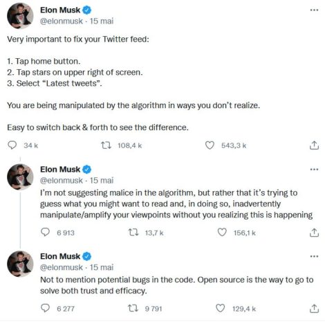 tweet by elon musk on manipulation by twitter algorithm