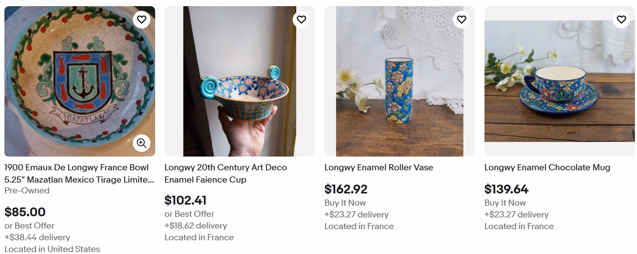 eBay: smalti di Longwy – Gli smalti di Longwy sono molto numerosi sui siti di annunci e seconda mano. Una produzione abbondante ha reso questi oggetti molto comuni e ha fatto scendere i prezzi. Non sono quindi percepiti come oggetti molto desiderabili e interessano solo una manciata di specialisti.