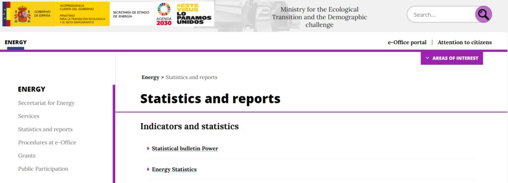 Website of the spanish Ministy of Energy, statistics and reports tab