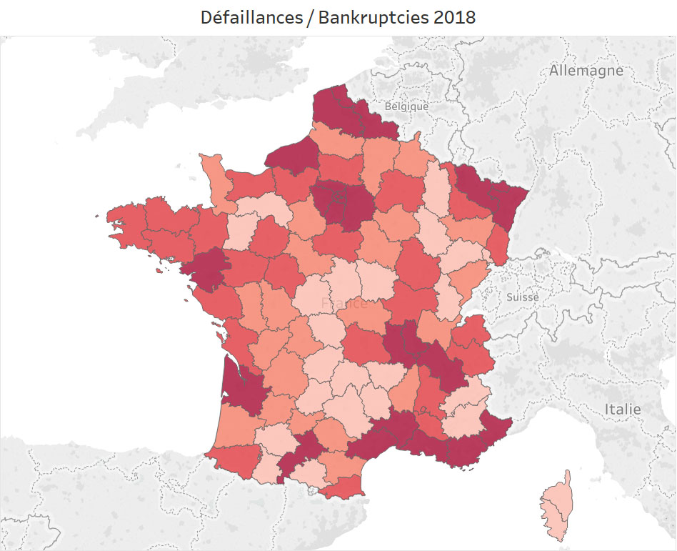 défaillances d'entreprises en France par département en 2018