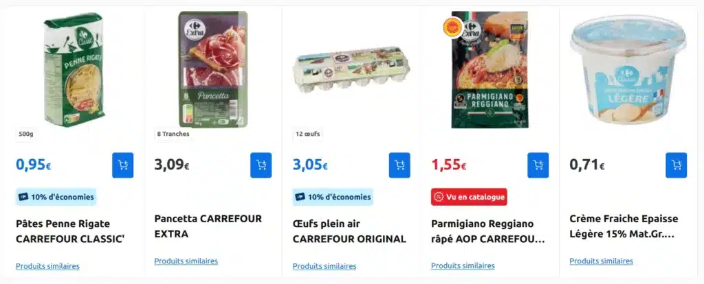 produits mis en panier par le chatbot Hopla de Carrefour suite à une demande de recette.