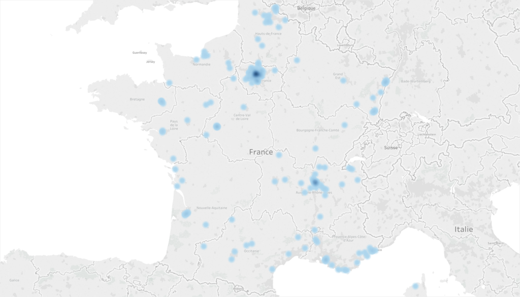 The geographical distribution of luxury car sales to French companies.