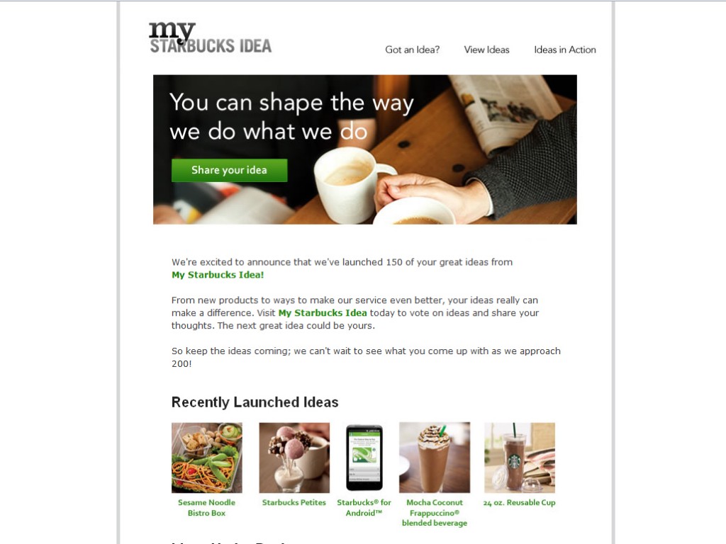 capture d'écran du site mystarbucksidea, une initiative qui contribuait au marketing mix de la marque