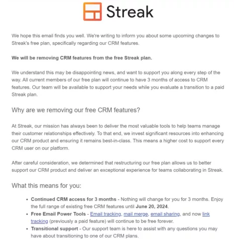 annonce de la fin de la gratuité de Streak CRM