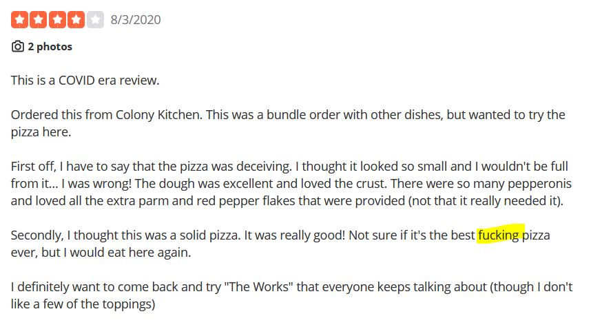 Yelp review with prophanity